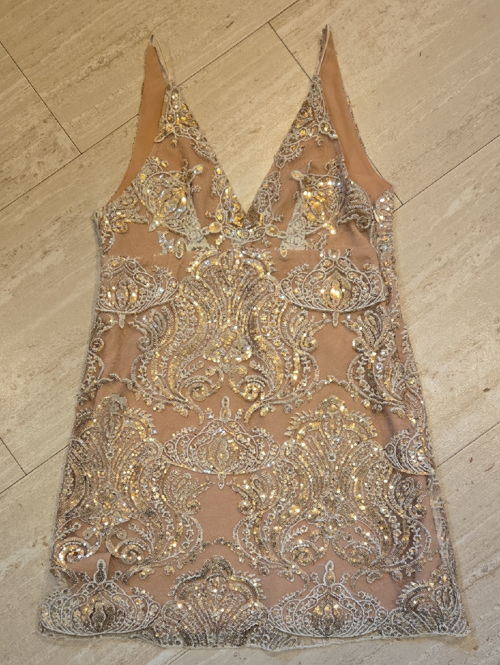 Free People Lace/Golden Sequin Overlay Double V Dress